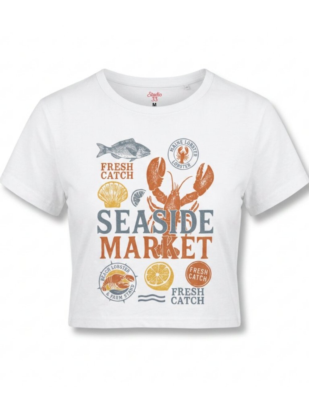 Studio 33 Women’s Seaside Market Lobster Graphic Crop Top Tee White S-XL